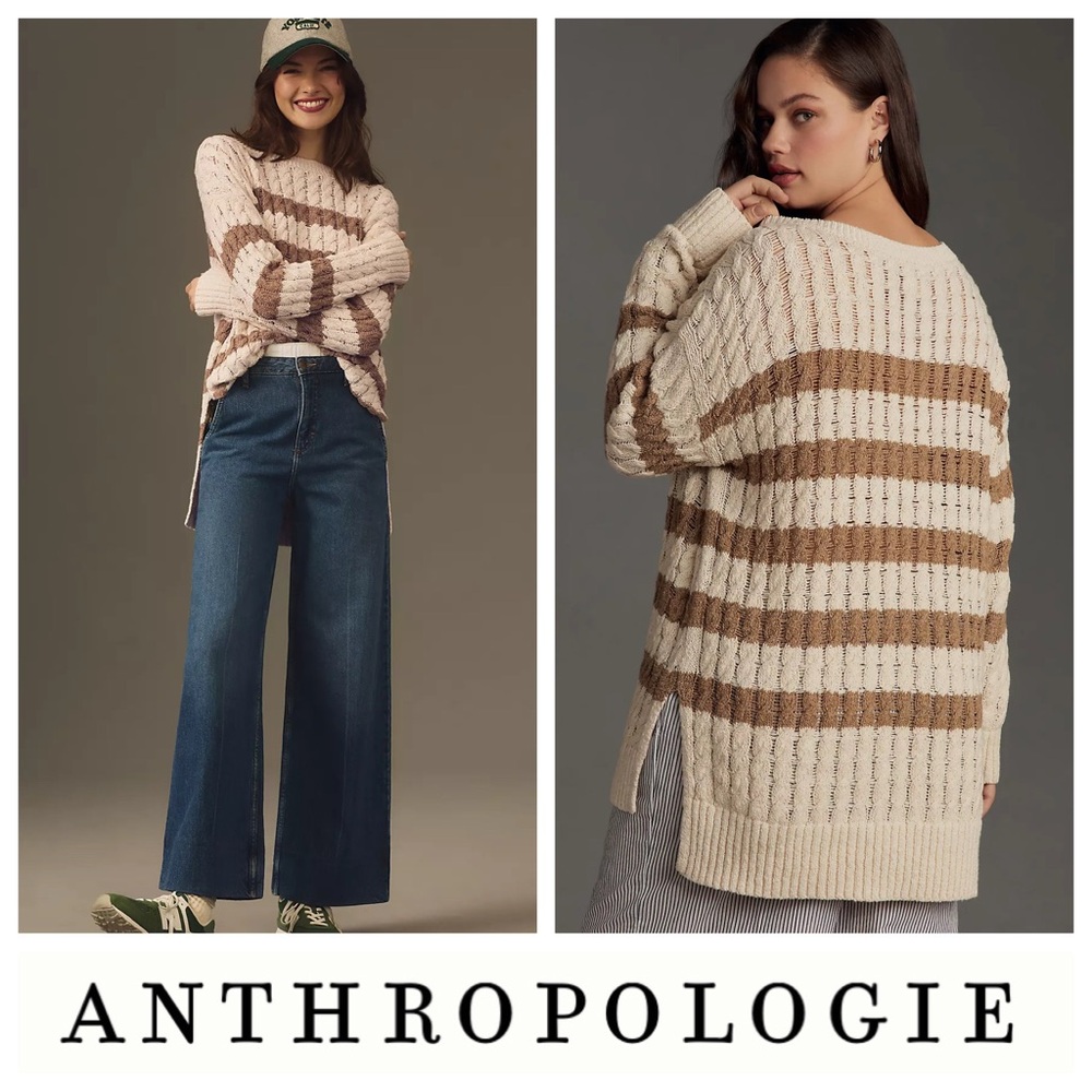 Anthropologie Pilcro Longline Cable Knit Sweater in Neutral Combo